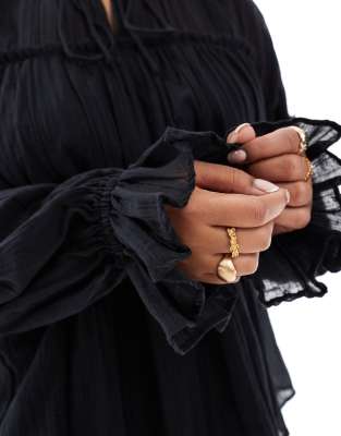 Asos Curve Asos Design Curve Tie Neck Ruffle Detail Crinkle Long Sleeve Smock Top In Black