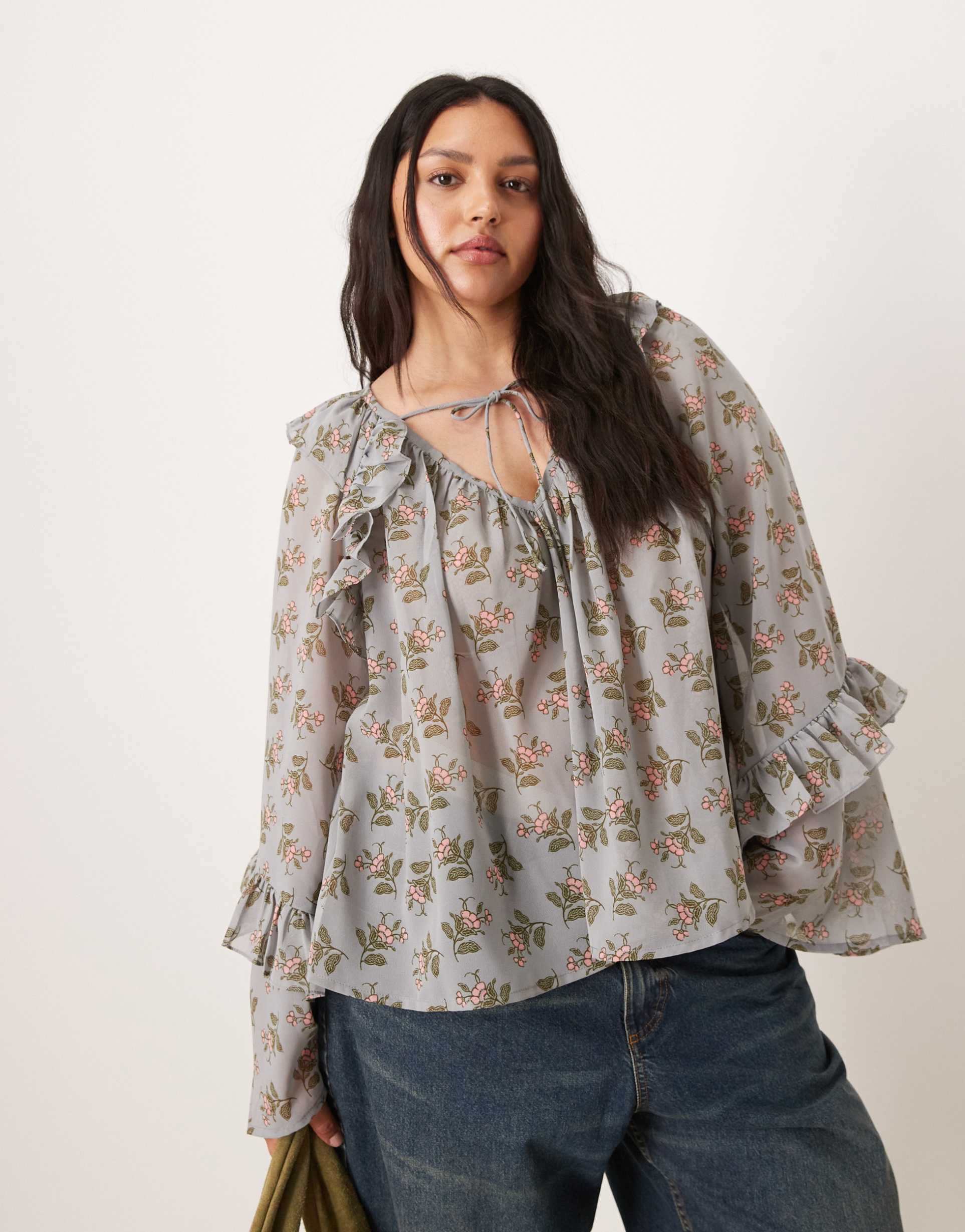 asos design curve tie neck smock top with flared sleeves in floral print