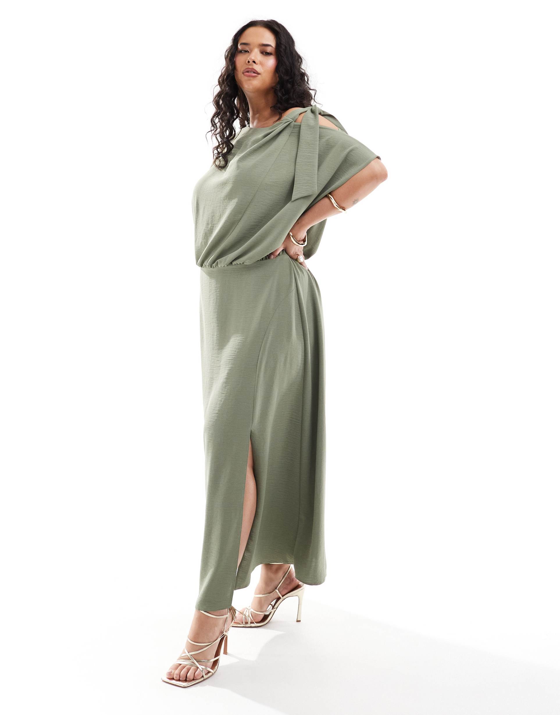 asos design curve tie shoulder blouson midi dress in khaki