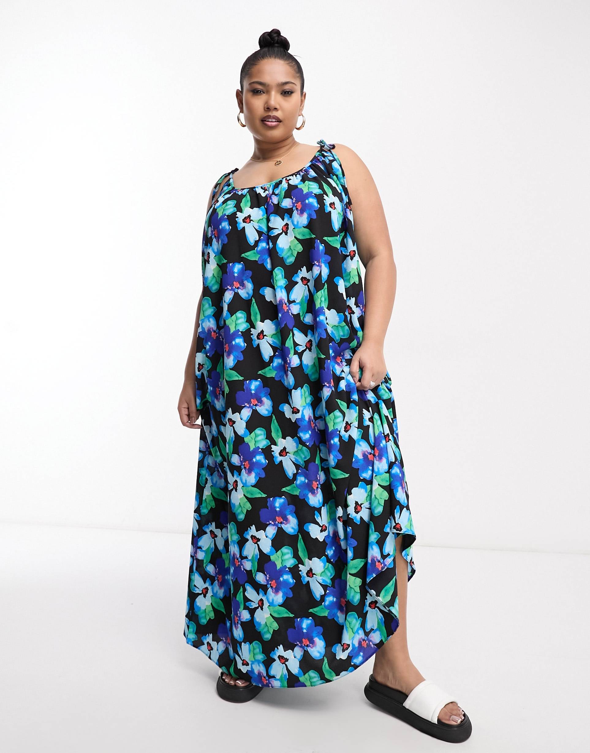 asos design curve tie strap detail trapeze maxi slip dress in blue floral print