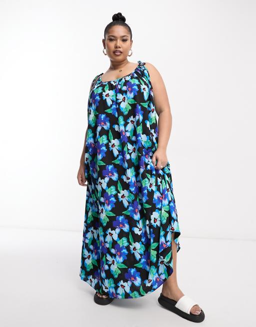 ASOS DESIGN Curve tie strap detail trapeze maxi slip dress in blue floral  print