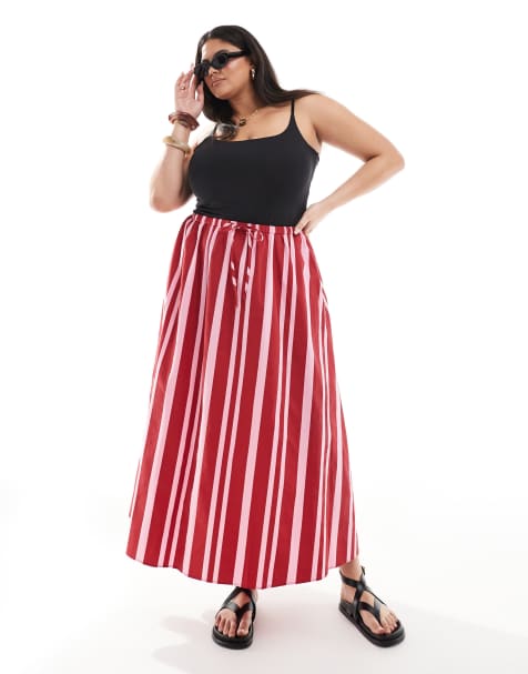 ASOS DESIGN Curve tie waist a line midaxi skirt in pink stripe - view 1