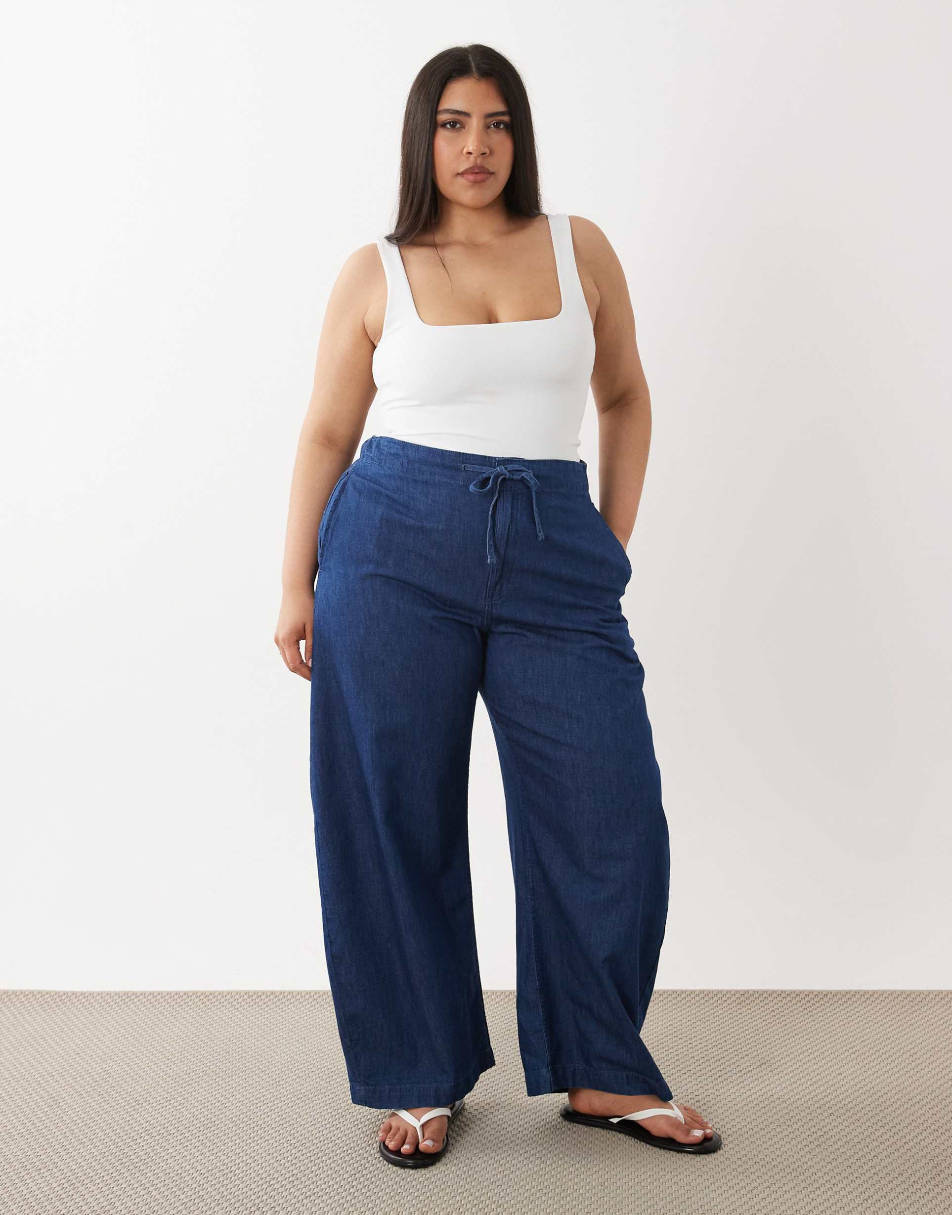 asos design curve tie waist barrel pull on pants in clean dark wash