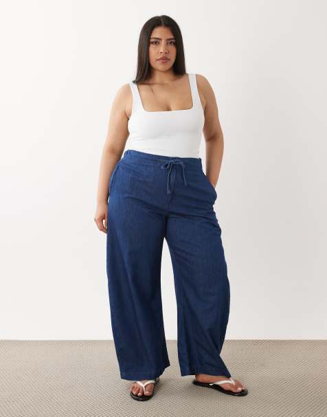 ASOS DESIGN Curve tie waist barrel pull on trouser in clean darkwash - view 1