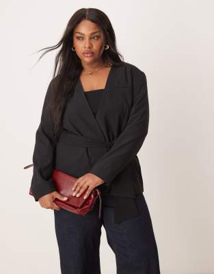 Asos Design Curve Tie Waist Blazer In Black