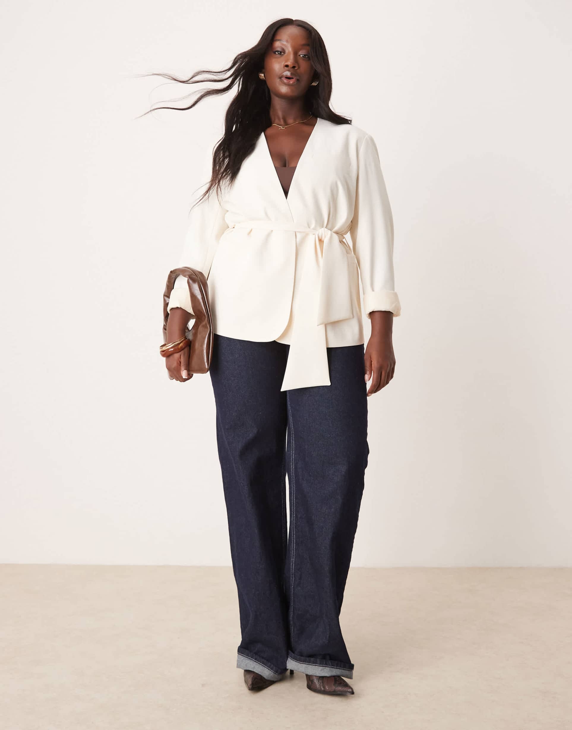 asos design curve tie waist blazer in buttermilk