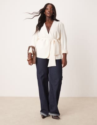 Asos Design Curve Tie Waist Blazer In Cream-white