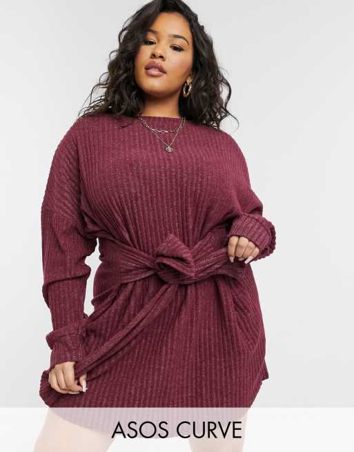 ASOS DESIGN Curve tie waist brushed rib mini dress in oxblood