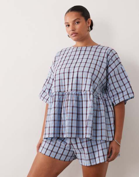 ASOS DESIGN Curve tie waist pocket detail shorts in blue check - view 1
