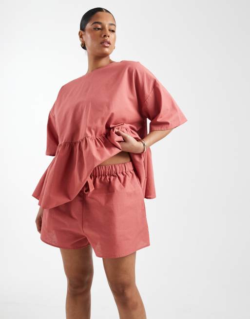 ASOS DESIGN Curve tie waist pocket detail shorts in blush, 2 of 5