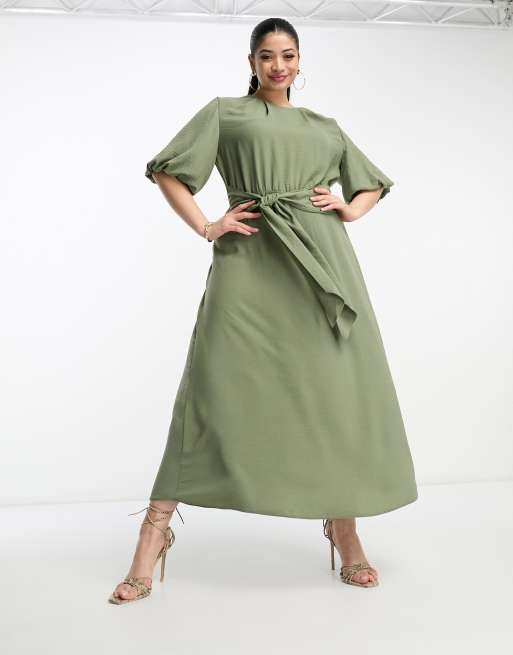 ASOS DESIGN Curve tie waist puff sleeve midi dress in khaki ASOS