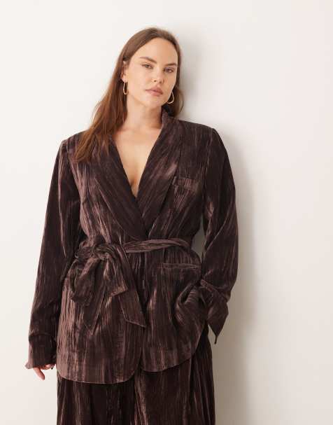 ASOS DESIGN Curve tie waist velvet blazer co-ord in chocolate