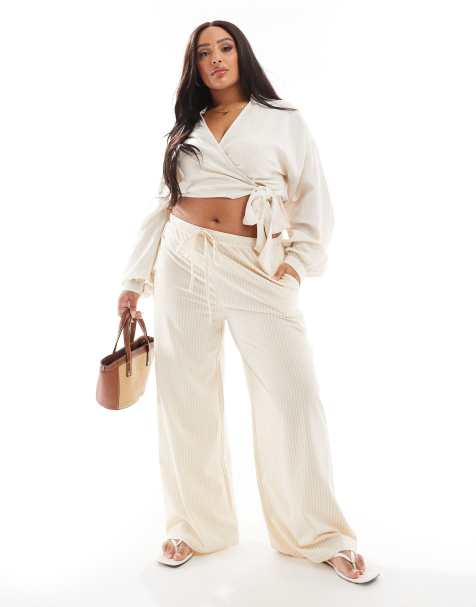 ASOS DESIGN Curve tie waist wide leg trouser in stone stripe - view 1