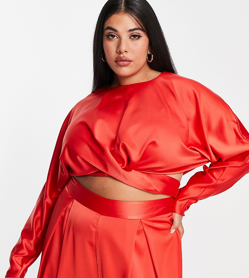 ASOS DESIGN Curve tie wrap front top with long sleeves - part of a set-Red