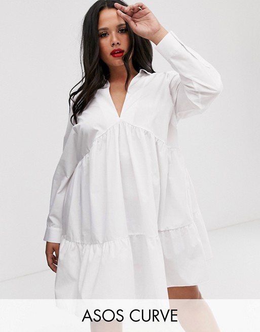 ASOS DESIGN Curve tiered collared cotton smock mini dress with long sleeves