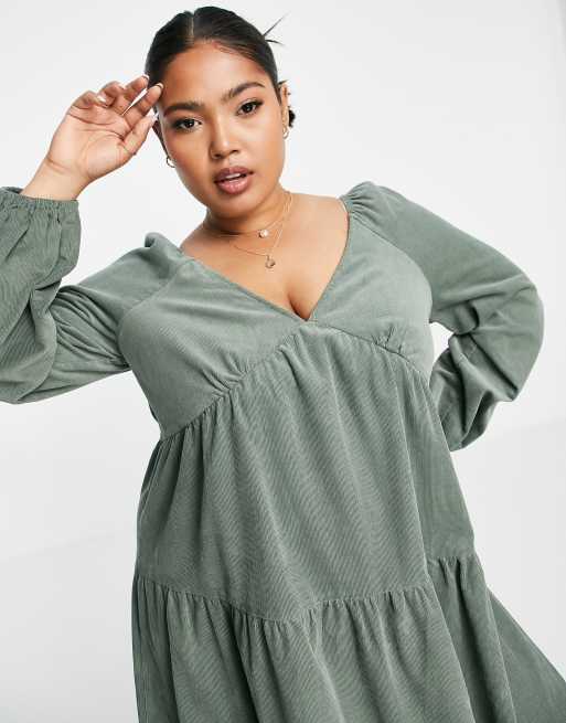ASOS DESIGN Curve tiered cord babydoll midi smock dress in khaki ASOS