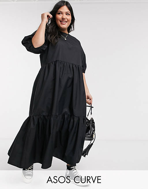 ASOS DESIGN Curve tiered cotton poplin smock midi dress in black | ASOS
