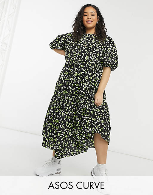 ASOS DESIGN Curve tiered cotton smock midi dress in floral print