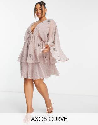 Asos Design Curve Tiered Dobby Mini Dress With Linear Bloom Embellishment In Dusty Rose-Pink