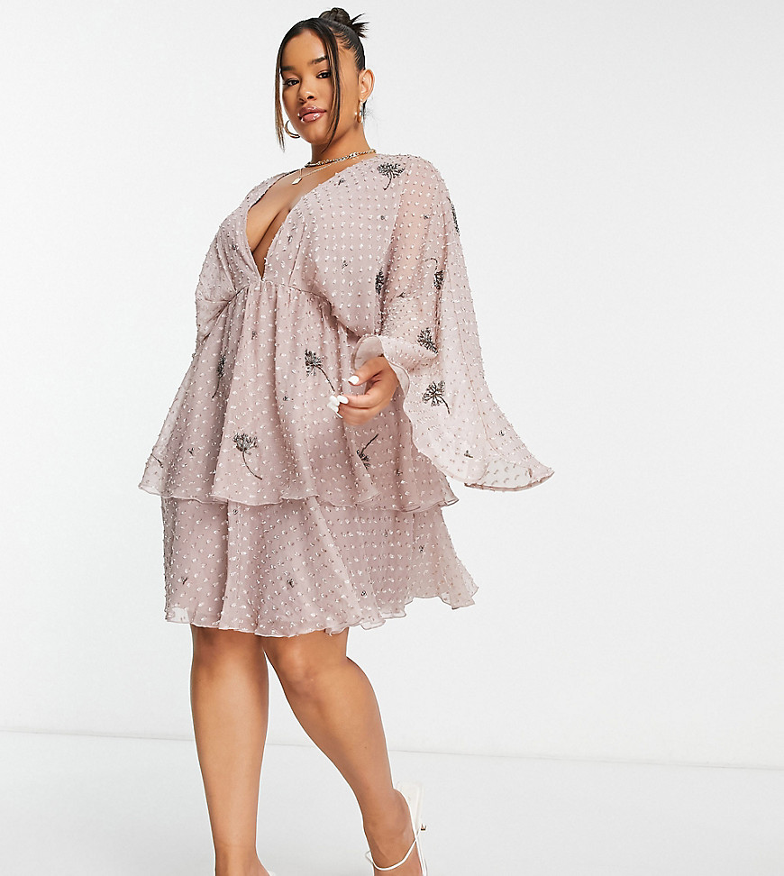 ASOS DESIGN Curve tiered dobby mini dress with linear bloom embellishment in dusty rose-Pink