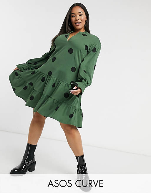 ASOS DESIGN Curve tiered long sleeve spot smock dress in khaki and black spot