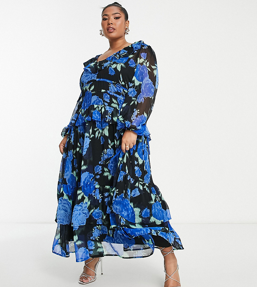 ASOS DESIGN Curve tiered maxi dress with frills in black based blue floral print-Multi