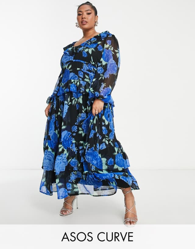 ASOS DESIGN Curve tiered maxi dress with ruffles in black-based blue floral print