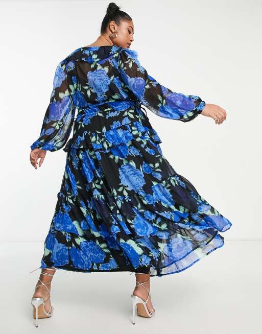ASOS DESIGN Curve tiered maxi dress with ruffles in black-based blue floral print, 2 of 4
