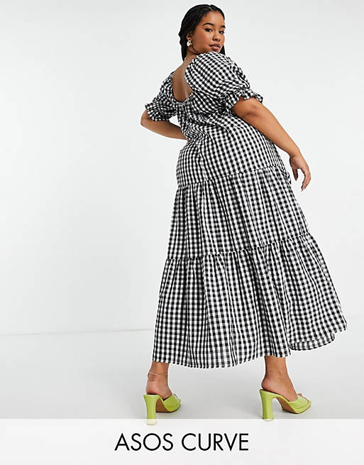Women Curve tiered maxi smock dress in mono gingham 