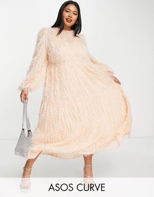 ASOS DESIGN Curve tiered midi dress in fluffy texture in pink