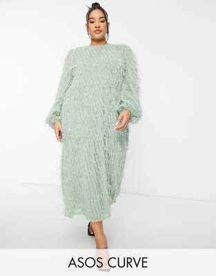 ASOS DESIGN Curve tiered midi dress in fluffy texture in sage green