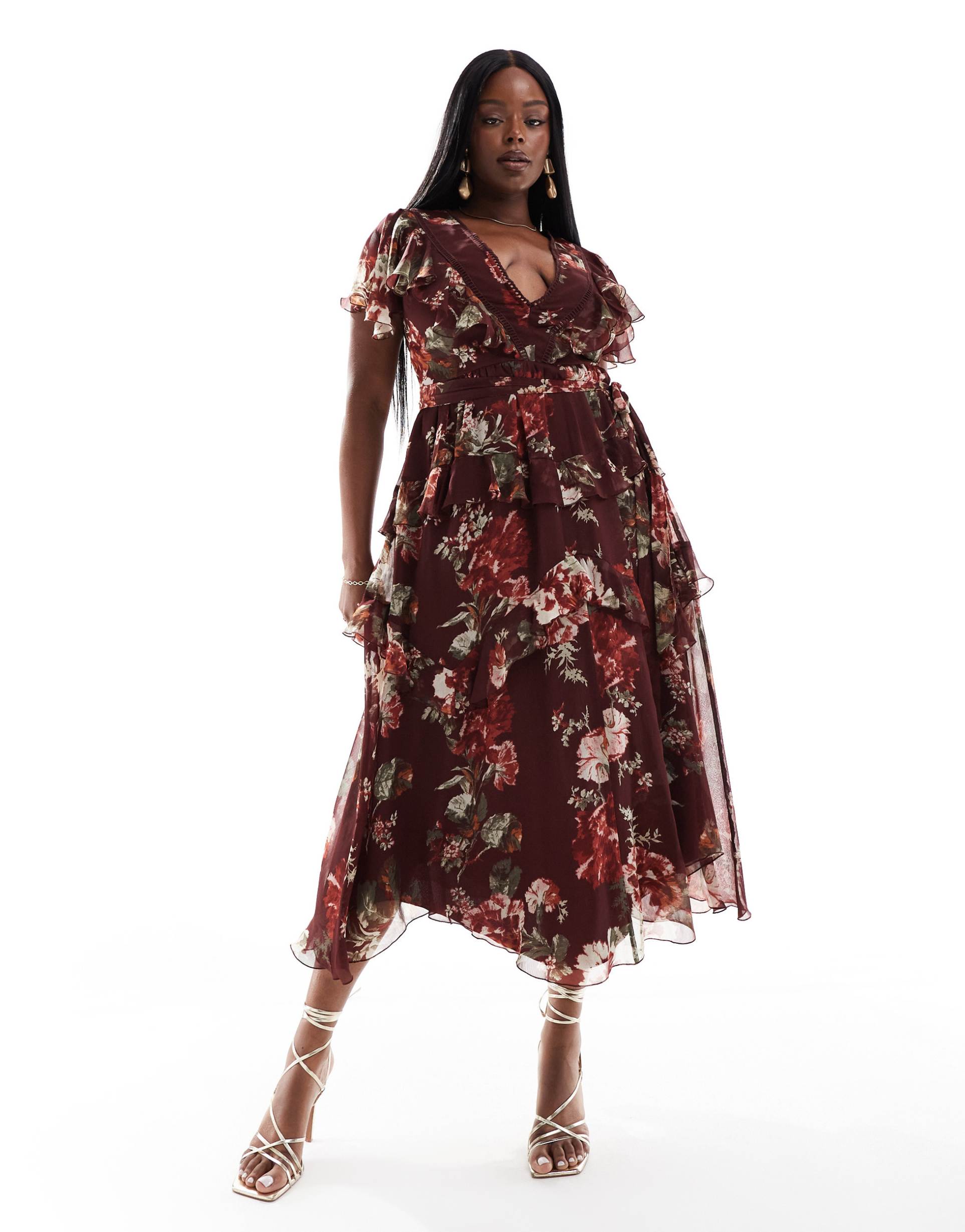 asos design curve tiered midi dress with lace insert and open back in burgundy floral