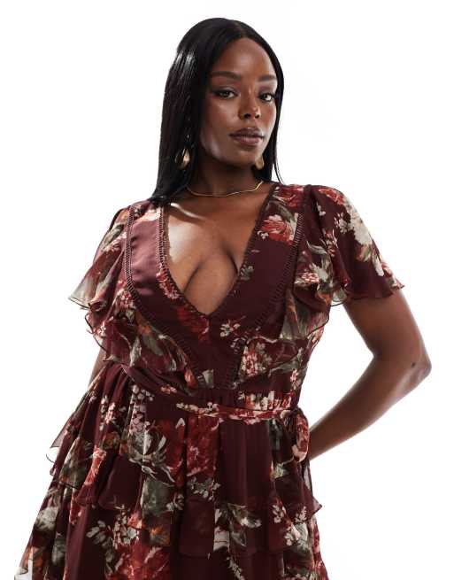 ASOS DESIGN Curve tiered midi dress with lace insert and open back in burgundy floral ASOS