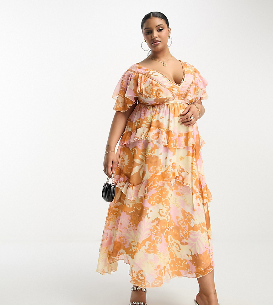 Asos Curve Asos Design Curve Tiered Midi Dress With Lace Insert And Open Back In Summer Floral Print-multi