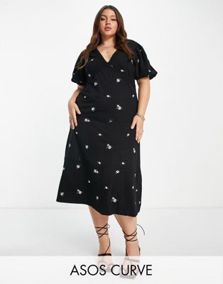 ASOS DESIGN Curve tiered midi dress with lace trim and pink rose embroidery in black - ASOS Price Checker