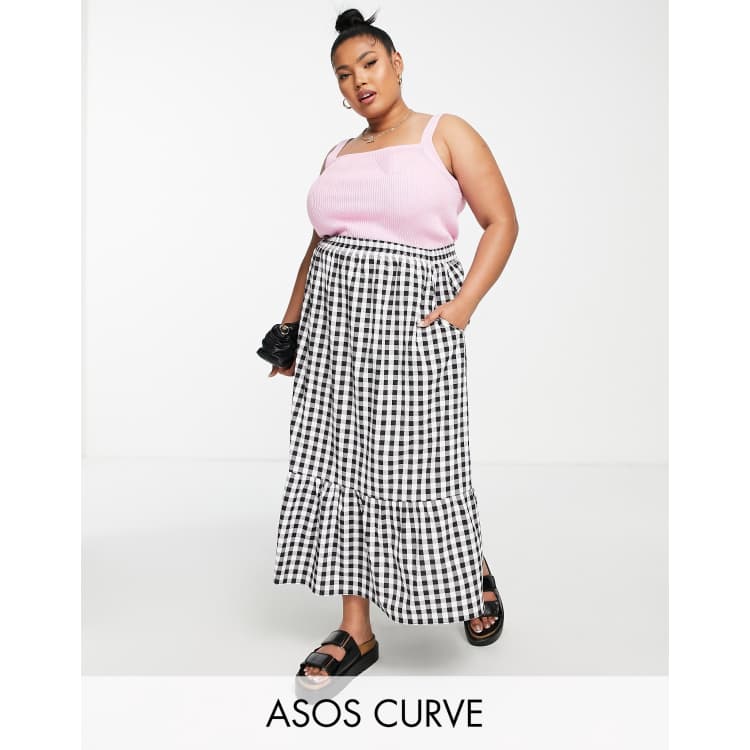 ASOS DESIGN Curve tiered midi skirt with pockets in gingham