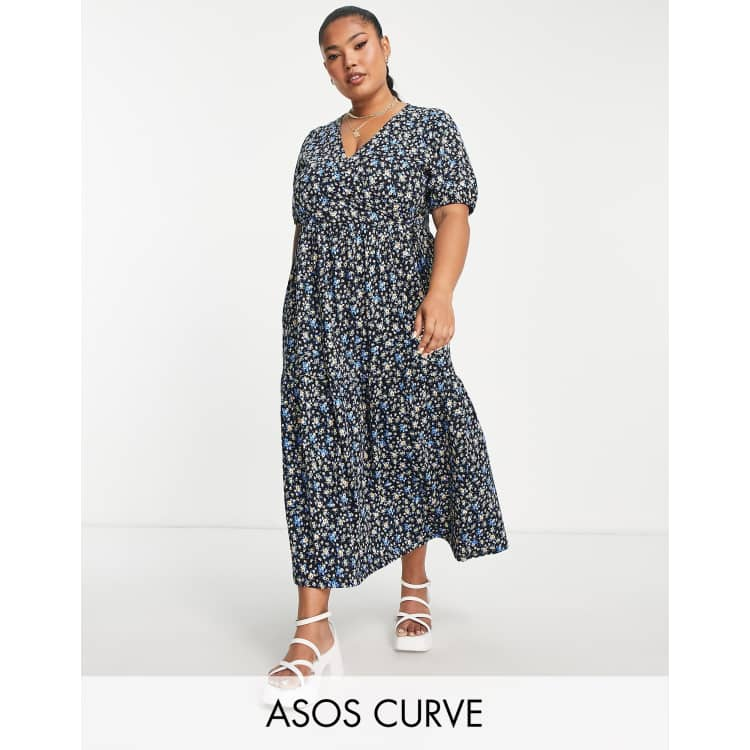 ASOS DESIGN Curve tiered midi wrap dress with puff sleeve in black floral