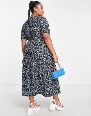 ASOS DESIGN Curve tiered midi wrap dress with puff sleeve in black floral