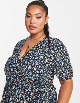 ASOS DESIGN Curve tiered midi wrap dress with puff sleeve in black floral