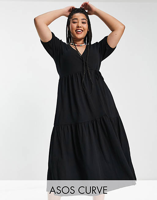 ASOS DESIGN Curve tiered midi wrap dress with puff sleeve in black | ASOS
