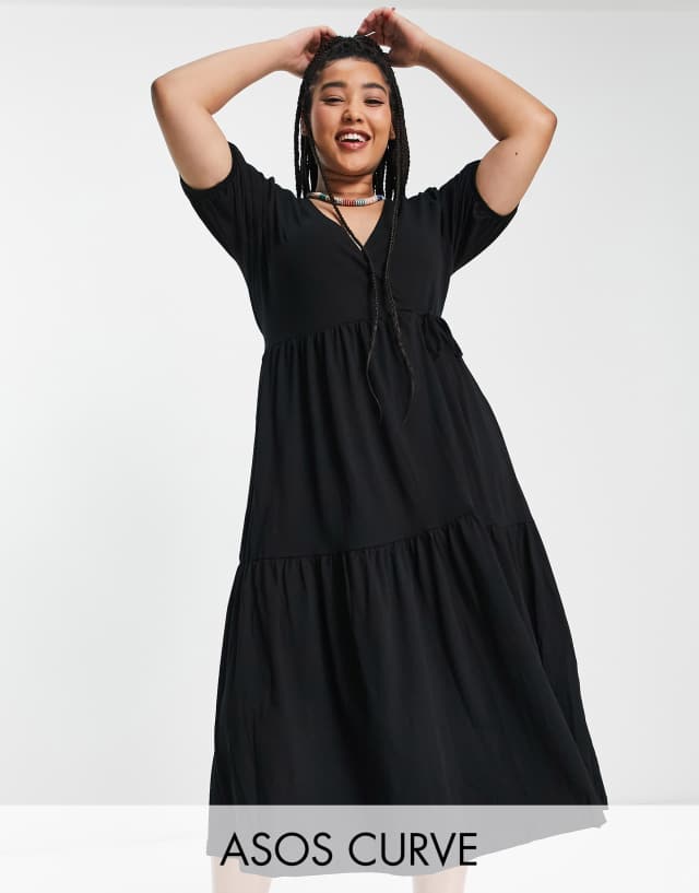 ASOS DESIGN Curve tiered midi wrap dress with puff sleeve in black