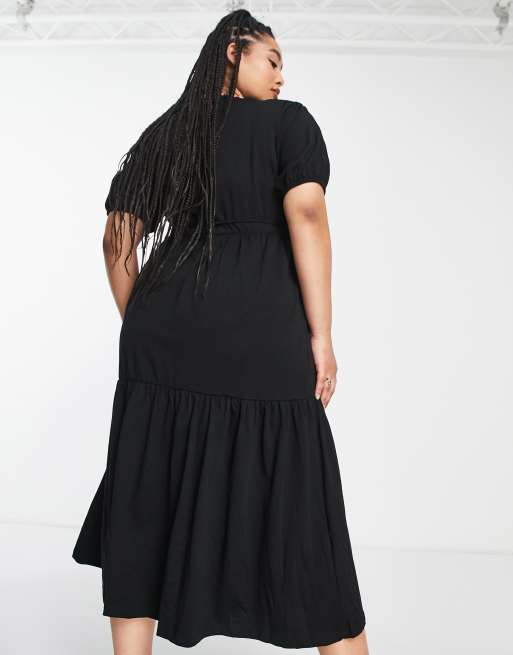 ASOS DESIGN Curve tiered midi wrap dress with puff sleeve in black