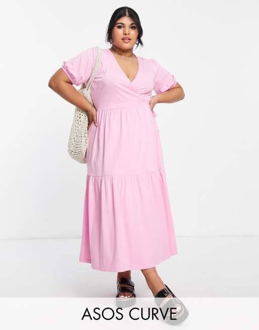 ASOS DESIGN Curve tiered midi wrap dress with puff sleeve in bright pink ASOS