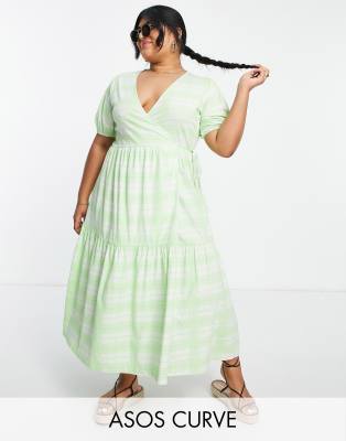 ASOS DESIGN Curve tiered midi wrap dress with puff sleeve in green check |  ASOS