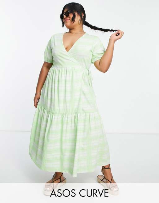 ASOS DESIGN Curve tiered midi wrap dress with puff sleeve in green check