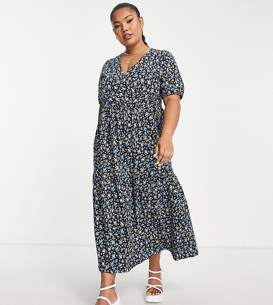 ASOS DESIGN Curve tiered midi wrap dress with puff sleeves in black floral-Multi
