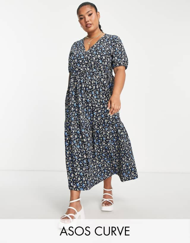 ASOS DESIGN Curve tiered midi wrap dress with puff sleeves in black floral