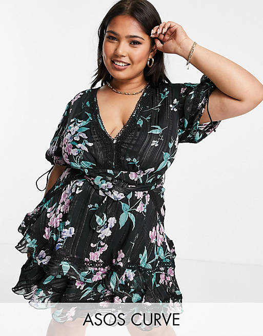 Dresses Curve tiered mini dress with puff sleeve in burnout stripe in dark floral 