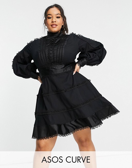ASOS DESIGN Curve tiered mini dress with satin and lace trim detail in Black