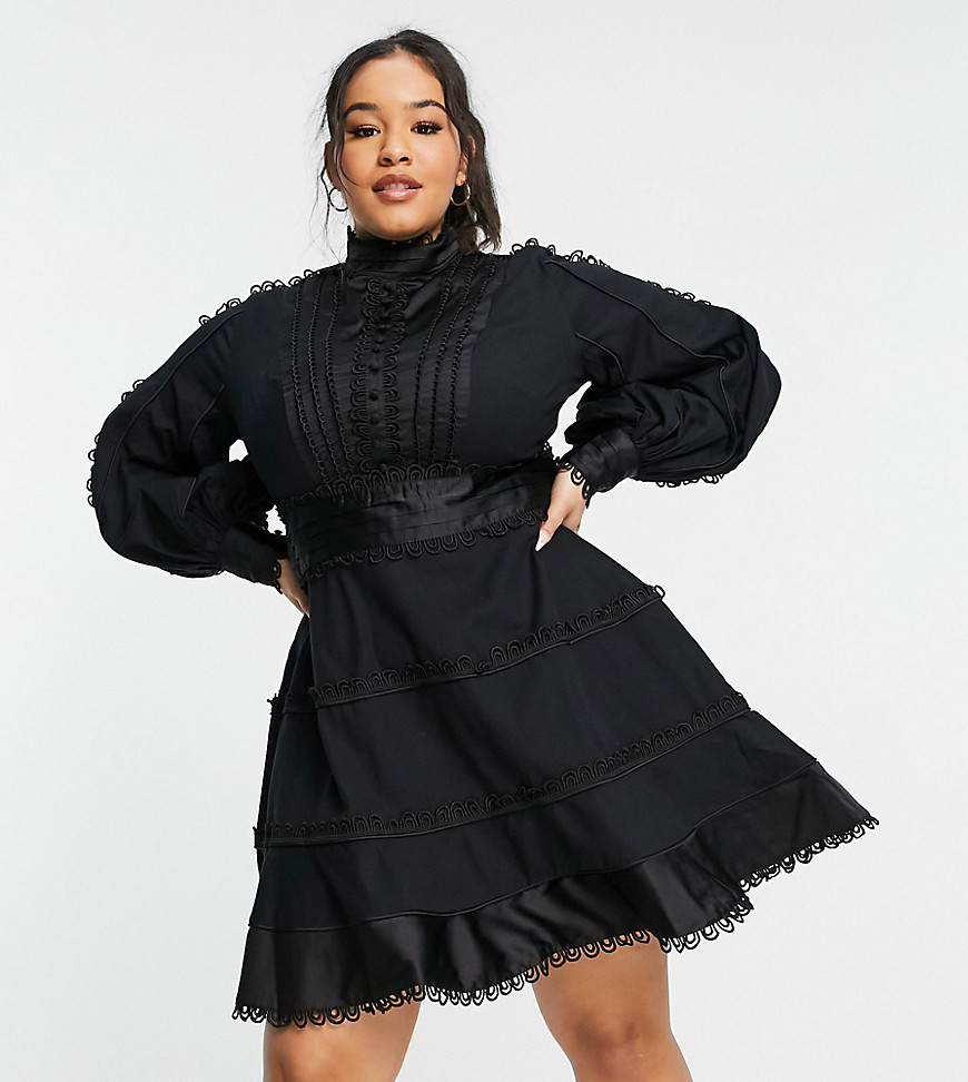 Asos Curve Asos Design Curve Tiered Mini Dress With Satin And Lace Trim Detail In Black-multi